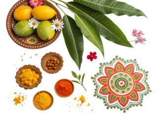 Vibrant Mangoes, Spices, and Rangoli Design for Festive Celebrations