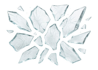 Scattered transparent shards of broken glass with visible cracks on transparent background.