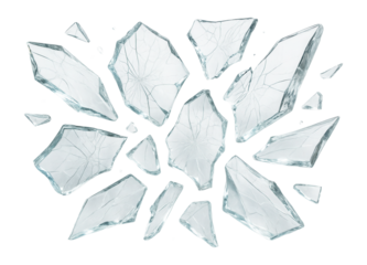 Scattered transparent shards of broken glass with visible cracks on transparent background.