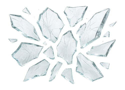 Scattered transparent shards of broken glass with visible cracks on transparent background. - Powered by Adobe