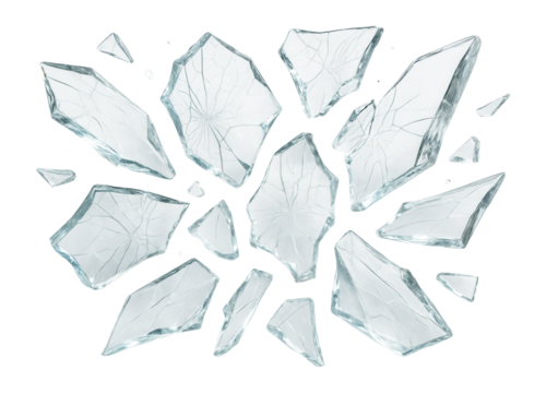 Scattered transparent shards of broken glass with visible cracks on transparent background.