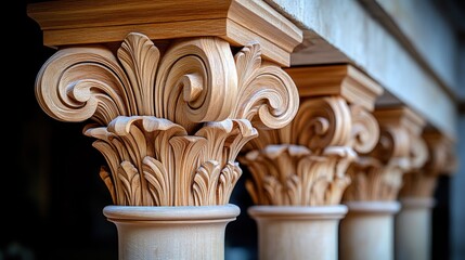 Ornate wooden capitals adorn classical columns