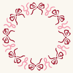 Bow Ribbon Loop Wreath. Pink Romantic Round Frame.Circular hand drawn border. Elegant pink Curly Knots Lovely for love themed designs, packaging, or wedding invites. Vector illustration