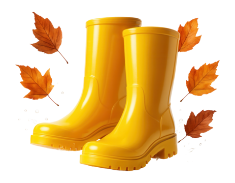 Pair of bright yellow rain boots accompanied by falling autumn leaves on transparent background.
