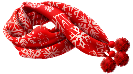Red Winter Scarf with Pom-Poms 3d rendered, isolated on transparent background