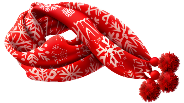 Red Winter Scarf with Pom-Poms 3d rendered, isolated on transparent background