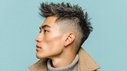 Fototapeta premium Young Asian male with trendy spiked haircut and earring wearing beige coat, confident expression