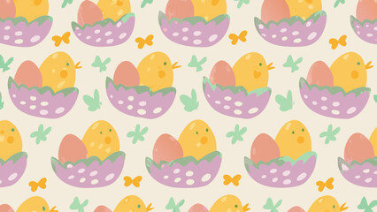 Seamless pattern of easter eggs and chicks in cracked eggshells with floral and bow decorations