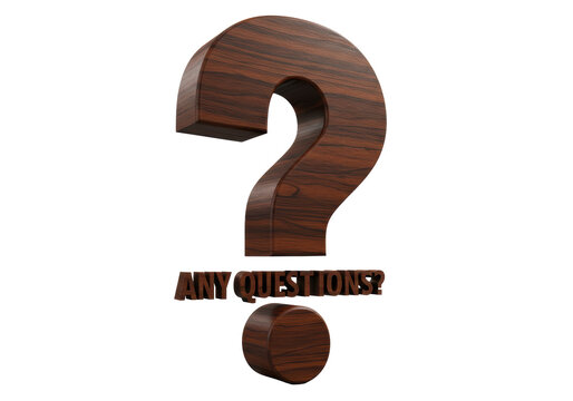 Isolated Wooden Question Mark with 'ANY QUESTIONS?' Text for Inquiry