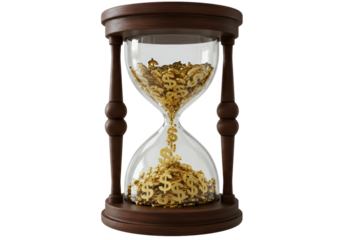 Isolated Hourglass Filled with Gold Dollar Sign Coins for Time is Money Concept