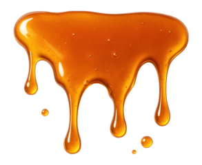 Glossy golden honey dripping smoothly with small droplets on transparent background.