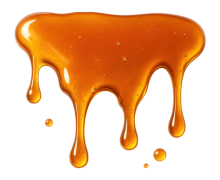 Glossy golden honey dripping smoothly with small droplets on transparent background.