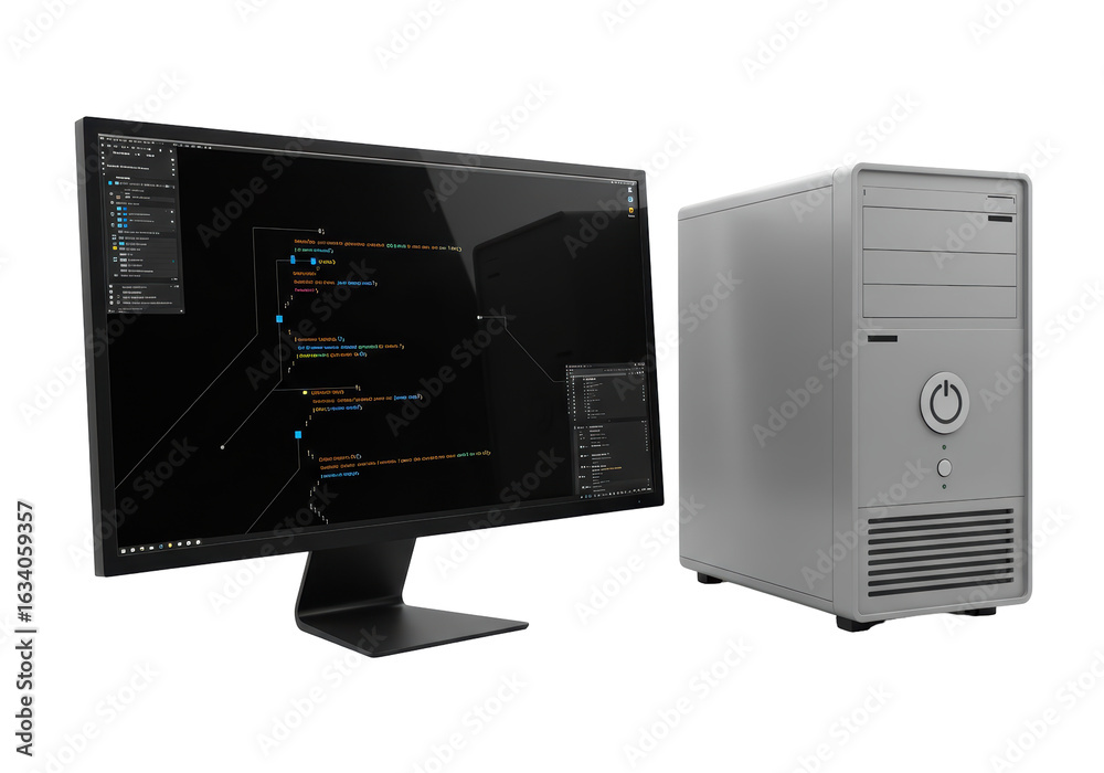 Wall mural isolated desktop computer setup with monitor displaying code for programming