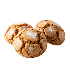 Fototapeta premium Three Italian amaretti cookies, cracked golden-brown, powdered sugar, soft centers, macro shot on transparent background with soft studio light and bokeh, delicious Italian dessert concept