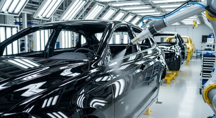 Automated Car Painting: Robotic Arm Applying Finish on Vehicle Body in Factory Setting