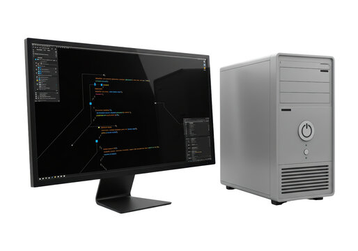 Isolated Desktop Computer Setup with Monitor Displaying Code for Programming