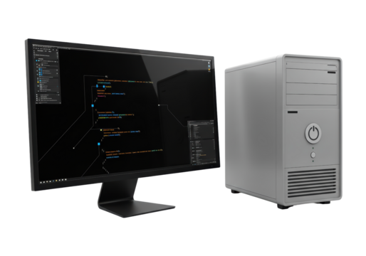 Isolated Desktop Computer Setup with Monitor Displaying Code for Programming