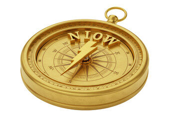 Isolated Golden Compass with NOW Text Pointing Toward Future Prosperity