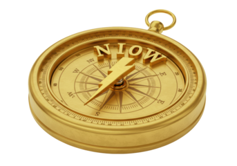 Isolated Golden Compass with NOW Text Pointing Toward Future Prosperity
