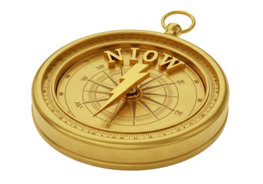 Isolated Golden Compass with NOW Text Pointing Toward Future Prosperity