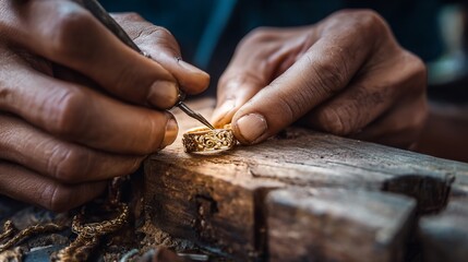 Craftsperson meticulously works on a ring with tools in workshop