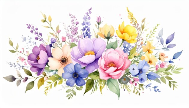 Ethereal Watercolor Bouquet of Spring Wildflowers in Soft Pastel Hues.