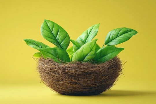 Nest vector made of straw and leaves in 3D style 