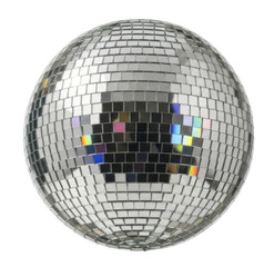 Reflective disco ball with mirrored tiles cutout isolated on transparent bg, png