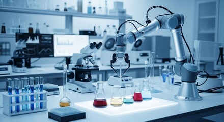 Automated Laboratory: Robotic Arm, Flasks, and Microscope in Research Setting