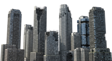 Modern skyscrapers displaying urban architecture, isolated on a transparent background, PNG format