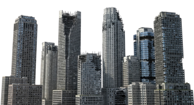 Modern skyscrapers displaying urban architecture, isolated on a transparent background, PNG format