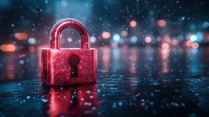 Red lock in rain, city lights