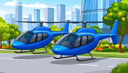 Two blue helicopters parked in a city park setting