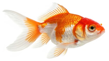 A bright orange and white goldfish swimming, isolated on white background