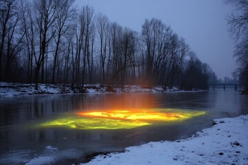 Fototapeta premium Frozen river glows with vibrant yellow-green light