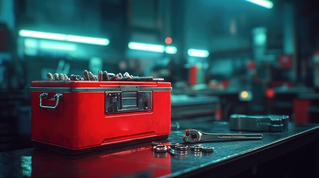 Red toolbox filled with tools on a workbench in a garage