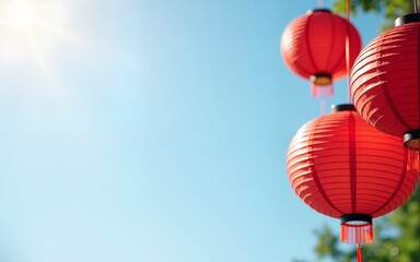 Obraz premium Paper red-white japanese lanterns Chochin hanging on blue sky background. Summer background. High quality