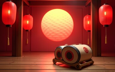 Japanese drum Taiko on the stage of the Yaguro. Paper red-white lanterns Chochin Scenery for the holiday Obon. High quality