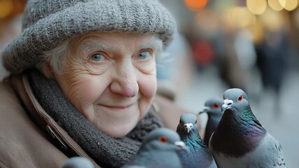 An elderly woman smiles warmly as she feeds a flock of pigeons in a vibrant city square. The cheerful atmosphere captures the spirit of community and kindness on a brisk afternoon.