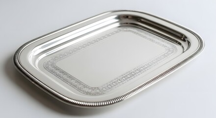 Elegant Silver Serving Tray with Decorative Edging on White Background, Polished Metal Tableware