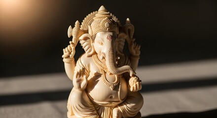 Fototapeta premium Intricate Carved Elephant Deity Statue with Warm Light, Symbolizing Wisdom and Prosperity