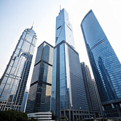 Modern glass skyscrapers reaching towards a bright sky in a bustling cityscape