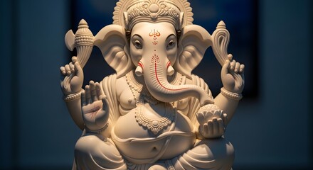 Fototapeta premium Serene White Ganesha Statue, Intricate Hindu Deity Sculpture with Elephant Head