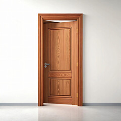 An ornate wooden interior door stands slightly ajar against a plain white wall