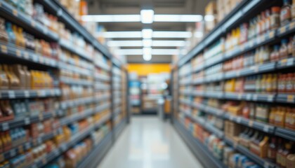 a blurred minimarket aisle, shallow depth of field, warm lighting, clean and modern look