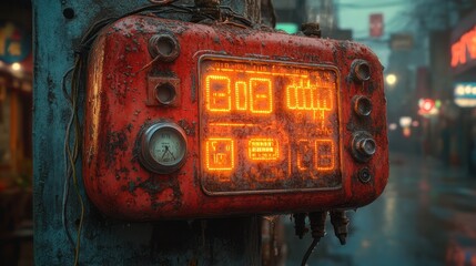 Rusty control panel in a cyberpunk city
