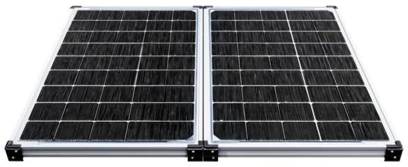 Dual solar panel system.  Two rectangular solar panels, joined, with a grid of dark gray squares.  A light-colored metal frame surrounds each panel