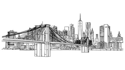 Brooklyn Bridge with New York Skyline Outline Stroke Illustration