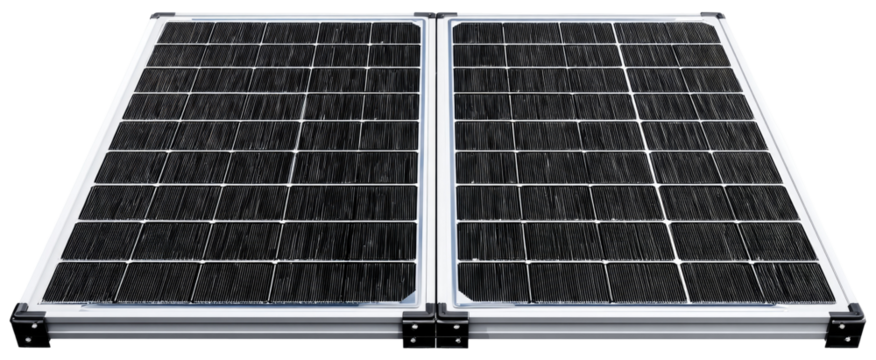 Dual solar panel system.  Two rectangular solar panels, joined, with a grid of dark gray squares.  A light-colored metal frame surrounds each panel