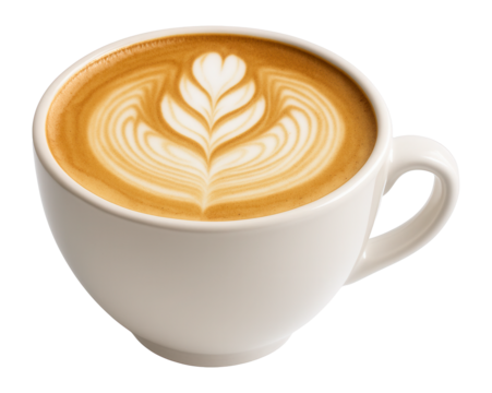 A white ceramic cup filled with freshly made cappuccino featuring intricate latte art on transparent background.